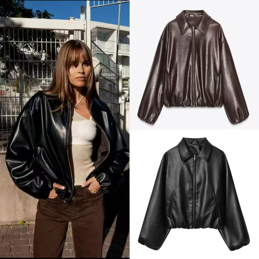 Damen Oversize Kunstleder Blouson mit Reißverschluss und elastischem Saum Nord Taschen