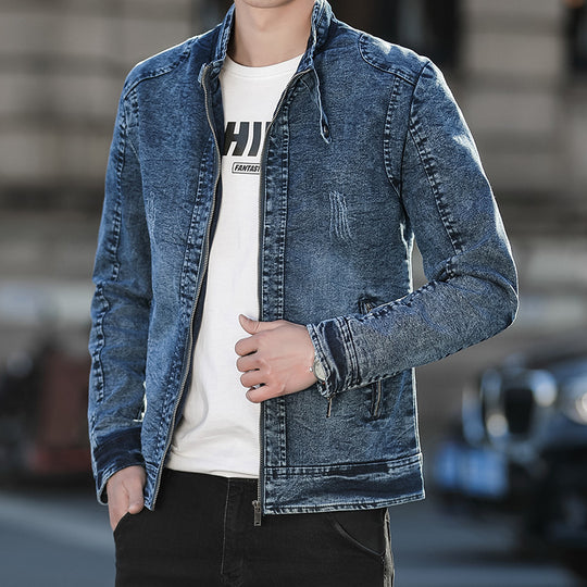 Herren Slim-Fit gewaschene Denim-Jacke mit Stehkragen und Reißverschluss Nord Taschen