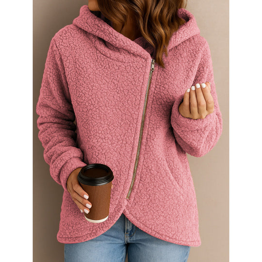 Damen Teddy-Fleecejacke mit asymmetrischem Reißverschluss, Kapuze und gewelltem Saum Nord Taschen