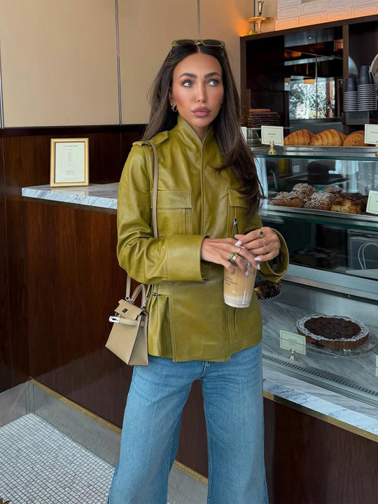 Damen Lederimitat-Utility-Jacke mit Stehkragen, Brustklappen & verdecktem Reißverschluss Nord Taschen