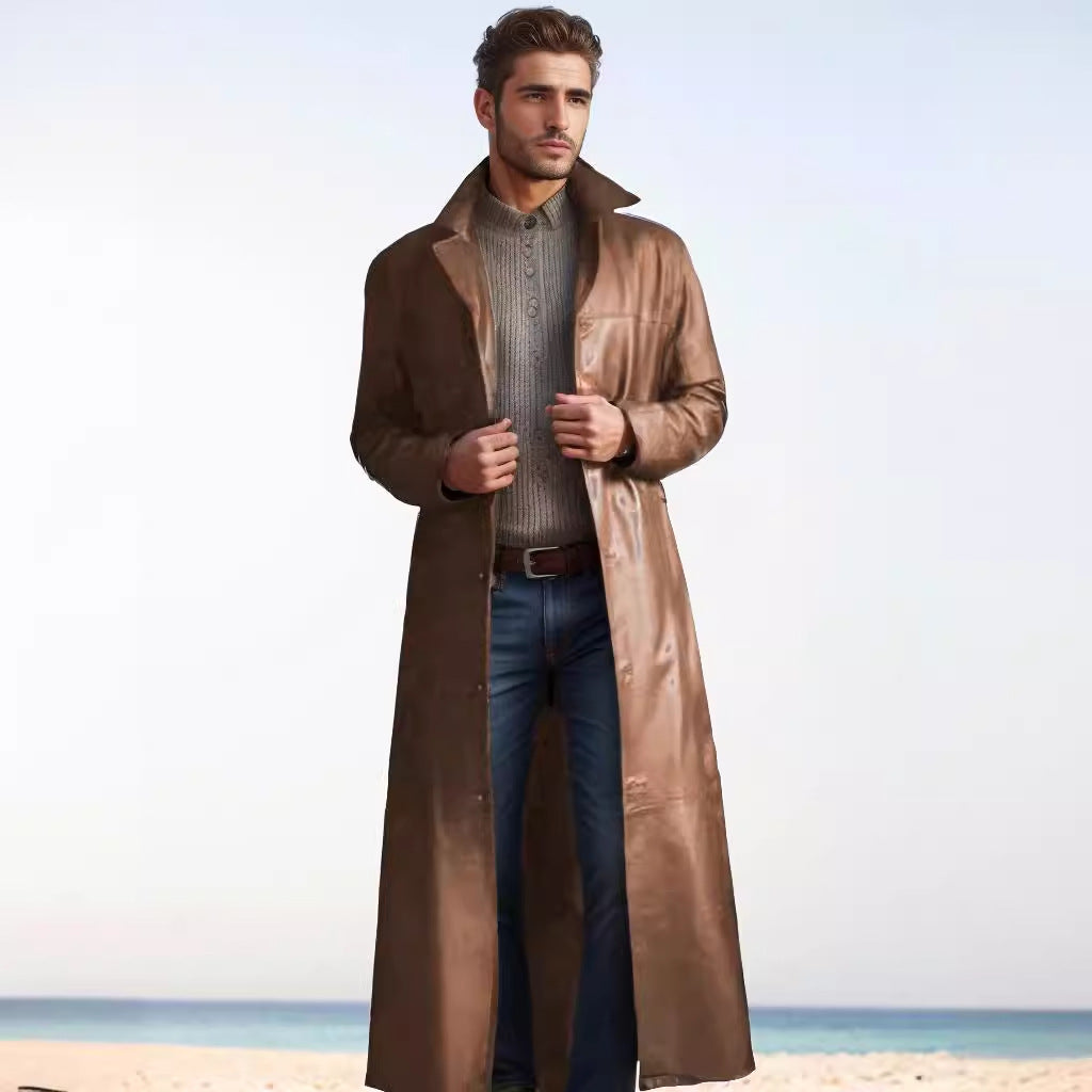 Herren Langer Ledermantel im Trench-Stil mit schmaler Silhouette und Stehkragen Nord Taschen
