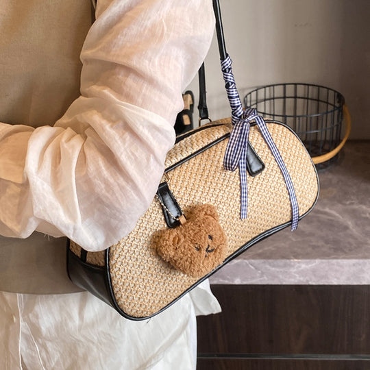 Damen handgefertigte Umhängetasche aus natürlichem Material mit eleganter Schleifenverzierung Nord Taschen