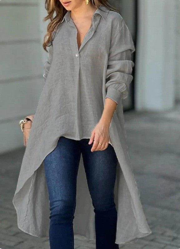 Damen Leichte Leinen‑Tunika‑Bluse mit asymmetrischem High‑Low‑Schwanz und Hemdkragen Nord Taschen