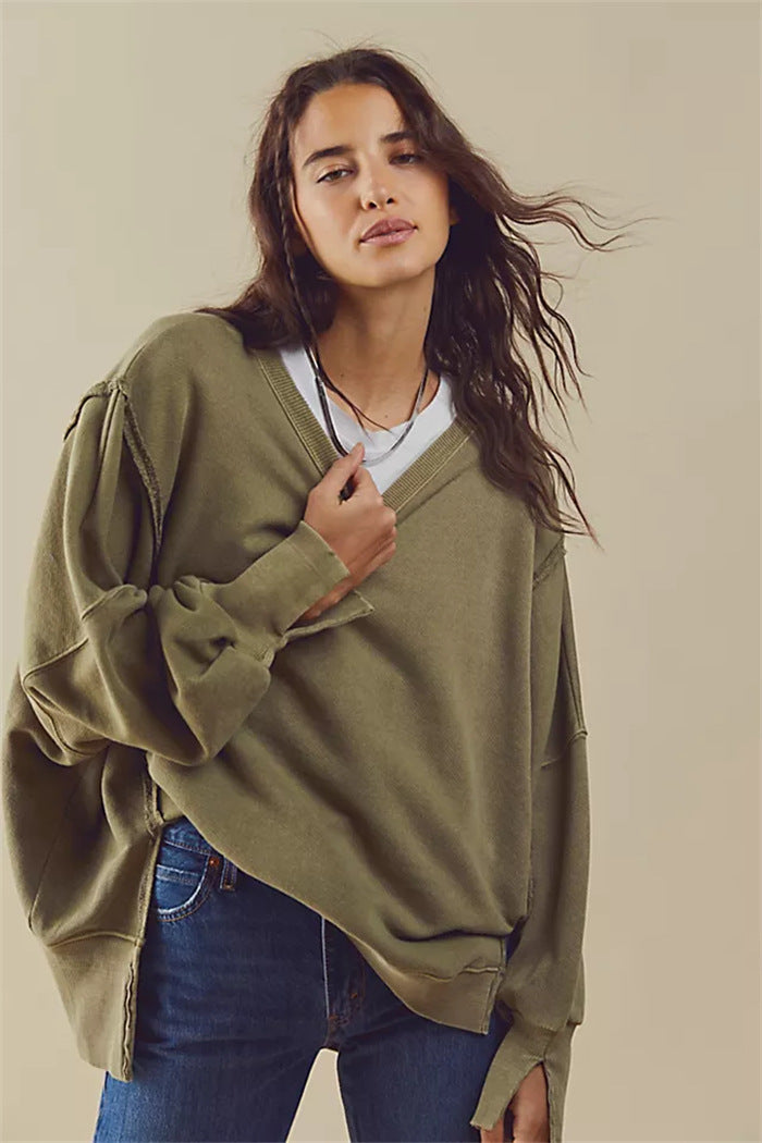 Damen oversized Sweatshirt mit Ballonärmeln, offenen Saumnähten und seitlichen Schlitzen Vittorelli