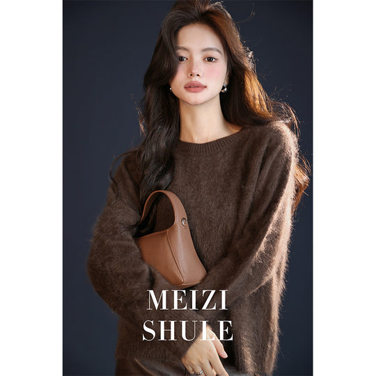 Damen Flauschiger Mohair-Optik Strickpullover mit Rundhalsausschnitt Nord Taschen