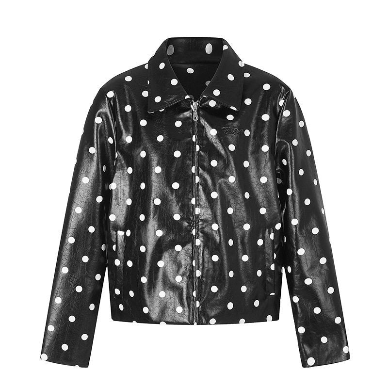 Damen Kurz geschnittene Lack‑Optik Jacke mit Polka‑Dot und Hemdkragen Nord Taschen