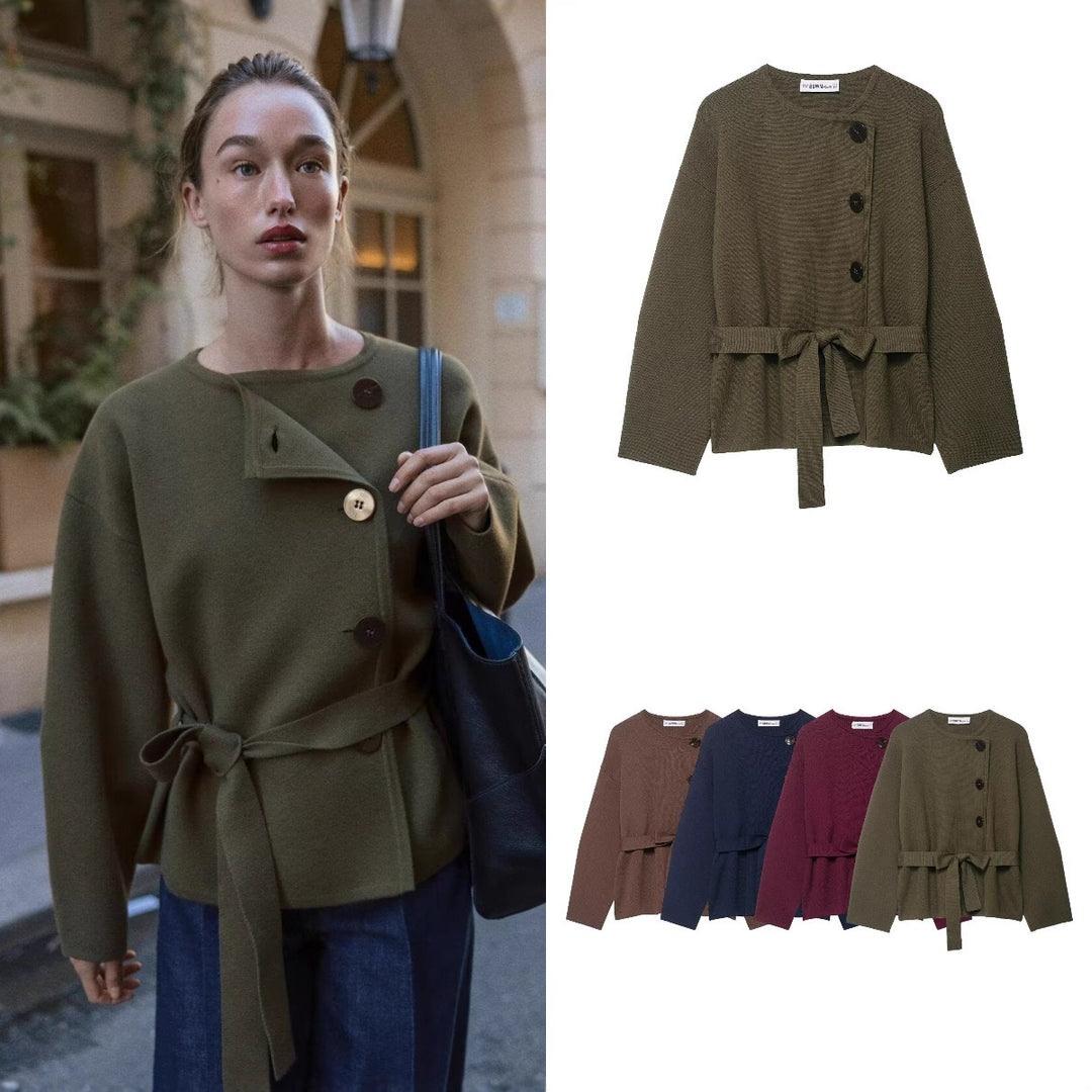 Damen Strickjacke mit asymmetrischer Knopfblende und Taillengürtel Nord Taschen