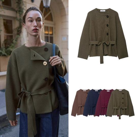 Damen Strickjacke mit asymmetrischer Knopfblende und Taillengürtel Nord Taschen
