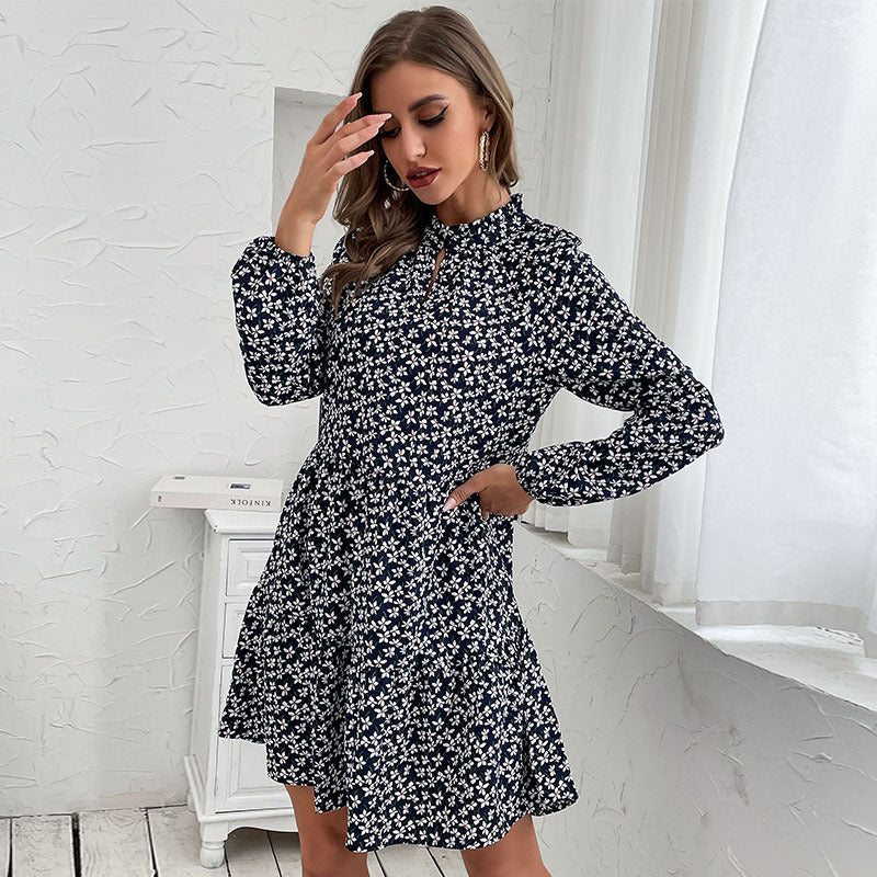 Damen Gestuftes Minikleid mit Stehkragen, Blumenprint und taillierter A‑Linie Nord Taschen