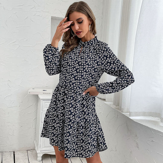 Damen Gestuftes Minikleid mit Stehkragen, Blumenprint und taillierter A‑Linie Nord Taschen