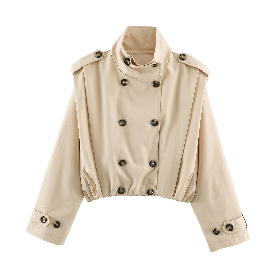 Damen Cropped-Trenchjacke im Blousonstil mit Stehkragen und doppelreihiger Knopfleiste Nord Taschen
