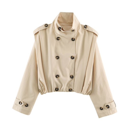 Damen Cropped-Trenchjacke im Blousonstil mit Stehkragen und doppelreihiger Knopfleiste Nord Taschen
