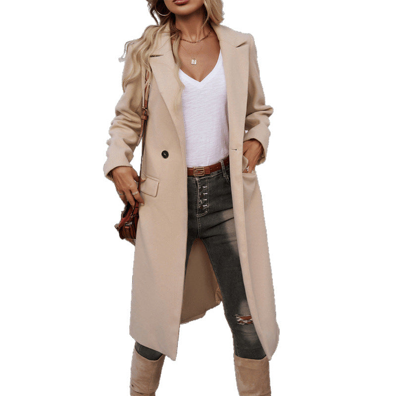 Damen Eleganter Wollmantel mit tailliertem Schnitt und Reverskragen Nord Taschen