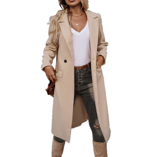 Damen Eleganter Wollmantel mit tailliertem Schnitt und Reverskragen Nord Taschen