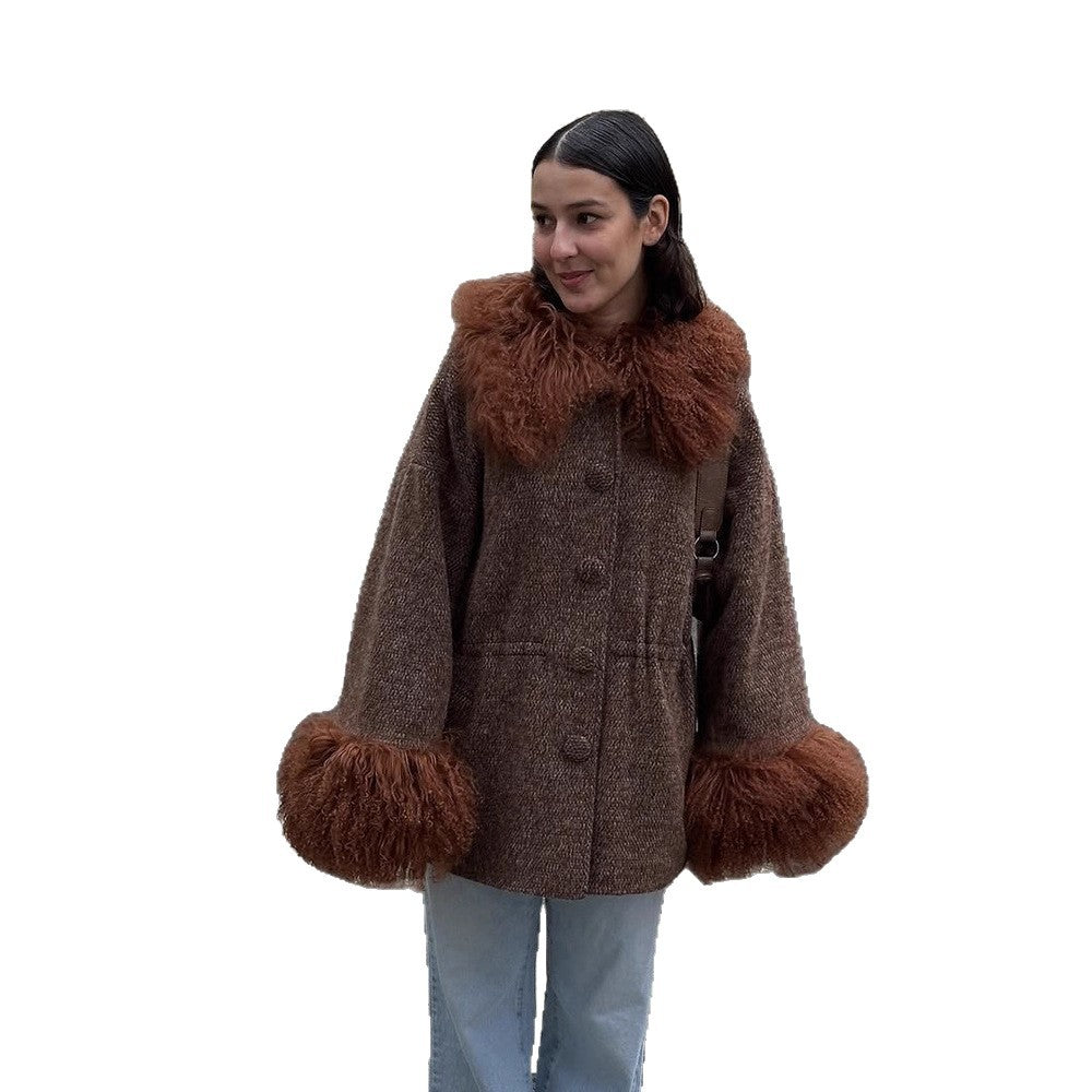 Damen Oversize Wollmix-Marka Mantel mit voluminösem Lammfellimitatkragen und extra weitem Ärmelabschluss Nord Taschen
