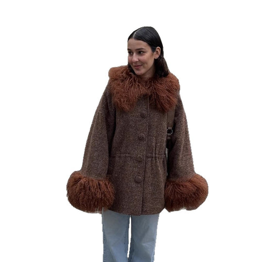 Damen Oversize Wollmix-Marka Mantel mit voluminösem Lammfellimitatkragen und extra weitem Ärmelabschluss Nord Taschen