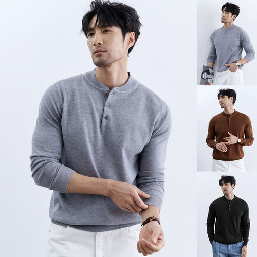 Herren Modischer Langarm-Henley-Pullover Nord Taschen