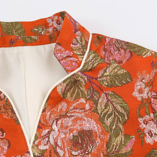 Damen Kurzblazer im Brokat-Jacquard mit Stehkragen und Paspelierung Nord Taschen