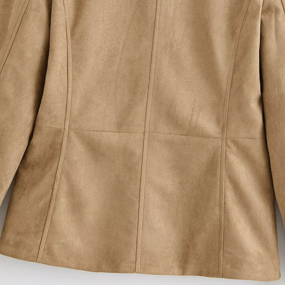 Damen Taillierte Safarijacke aus Wildlederoptik mit Stehkragen und Zierknöpfen Nord Taschen