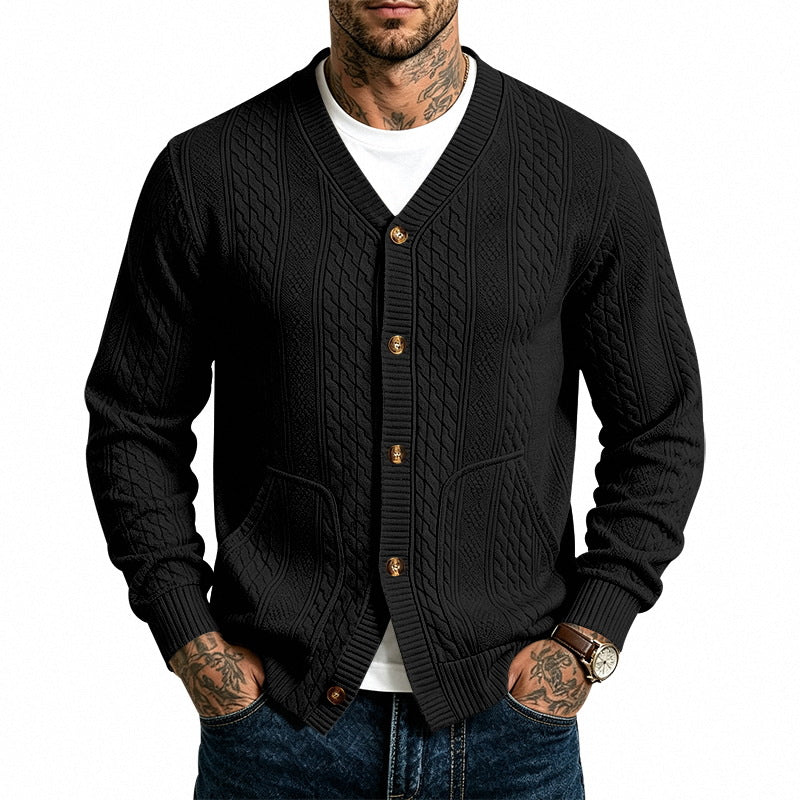 Herren strukturierter Strickcardigan mit Zopfmuster, V-Ausschnitt und aufgesetzten Taschen Nord Taschen