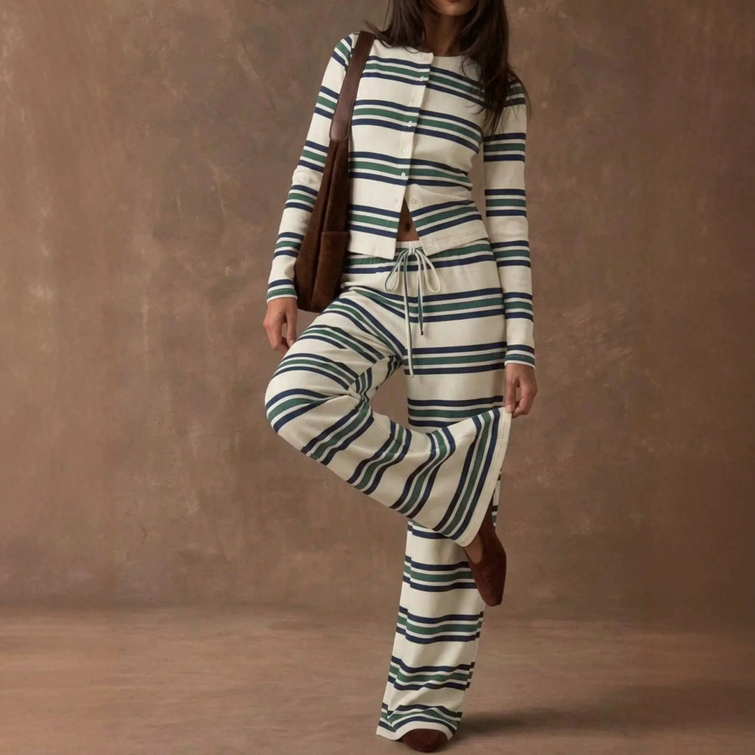 Damen Gestreiftes Strick-Lounge-Set mit tailliertem Knopfcardigan und weitem Palazzohose Nord Taschen