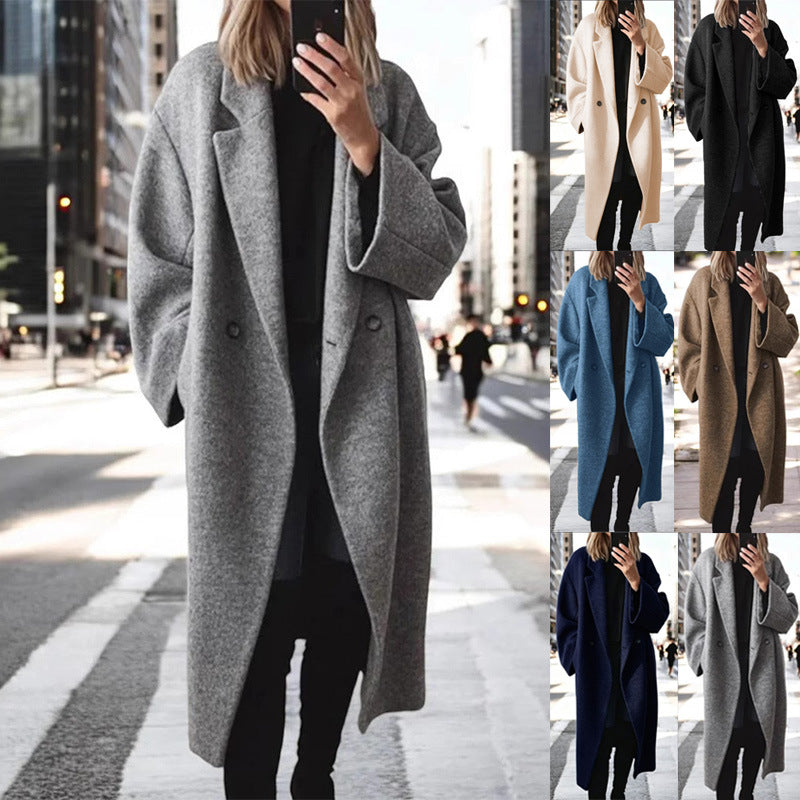Damen Langmantel aus Wollmix mit doppelreihiger Knopfleiste und weitem Revers Nord Taschen