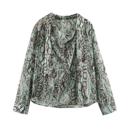 Damen Bluse mit Wasserfall-Schalkragen und Schlangenprint Nord Taschen