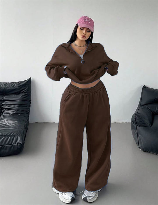 Damen Samt-Cropped-Ziphoodie und weit geschnittene High-Waist Palazzo-Jogginghose Nord Taschen