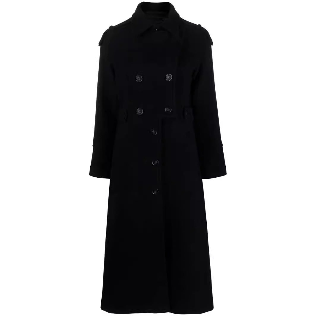 Damen Bodenlanger Doppelreihiger Trenchcoat aus Wollmix mit Schulterpatten und verdecktem Taillengürtel Nord Taschen