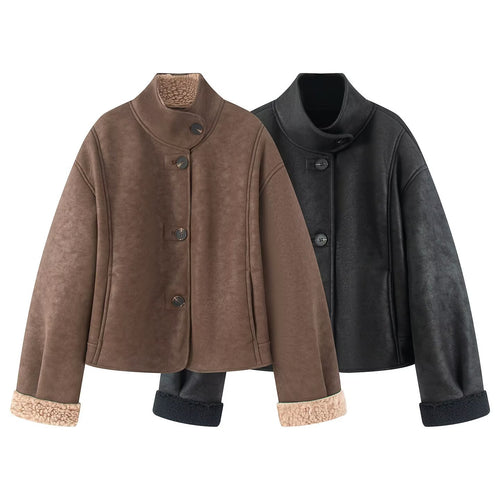 Damen Kurze Lammfelloptik-Jacke mit Stehkragen und Knopfleiste Nord Taschen