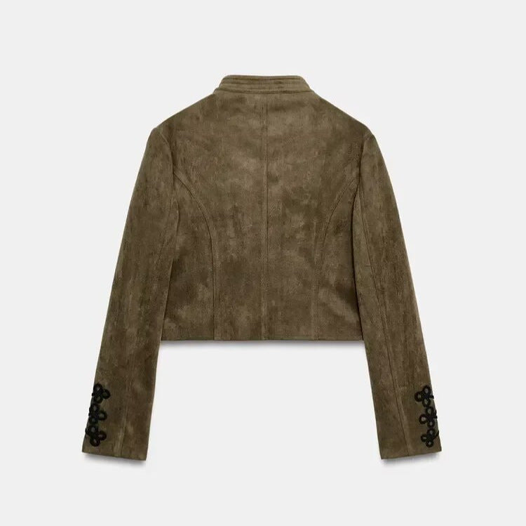 Damen Kurze Velourslederjacke im Military‑Look mit Stehkragen und dekorativen Kordelapplikationen Nord Taschen