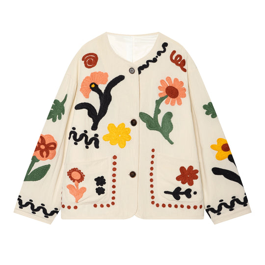 Damen Kurze Strickjacke mit floraler Chenille-Applikation Nord Taschen