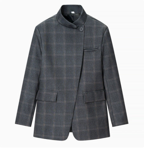 Damen 60+ karierter Mantelblazer mit Mandarinkragen, asymmetrischer Überlappung und Pattentaschen Nord Taschen