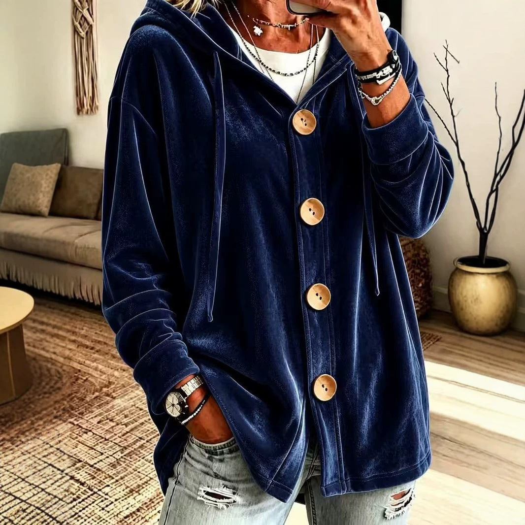 Damen Oversize Kapuzen-Samtjacke mit großen Holzknöpfen und weichem Veloursfutter Nord Taschen