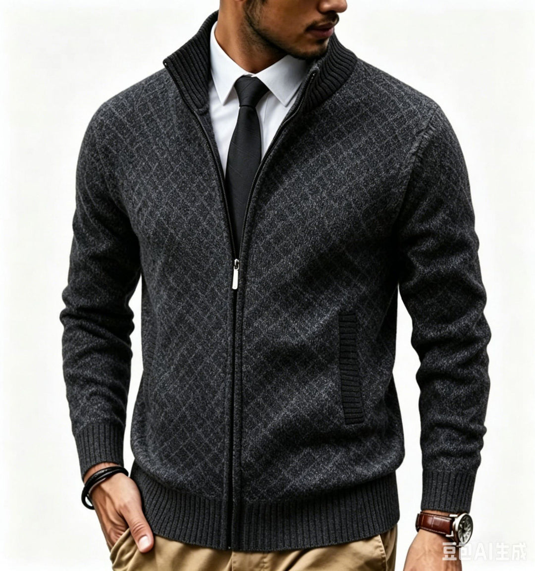 Herren Strukturierte Strickjacke mit Stehkragen und Diamant-Jacquard Nord Taschen