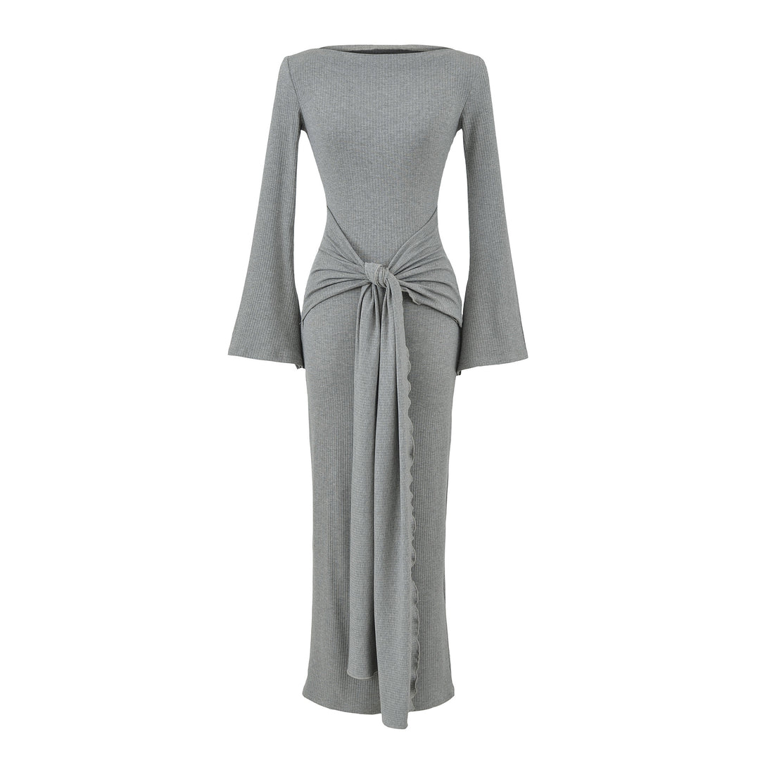 Damen Maxikleid aus Rippstrick mit Trompetenärmeln und Taillen-Knotendetail Nord Taschen