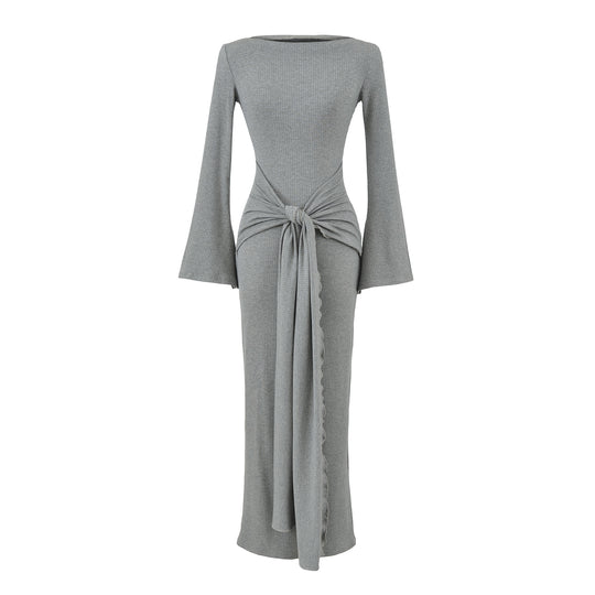 Damen Maxikleid aus Rippstrick mit Trompetenärmeln und Taillen-Knotendetail Nord Taschen