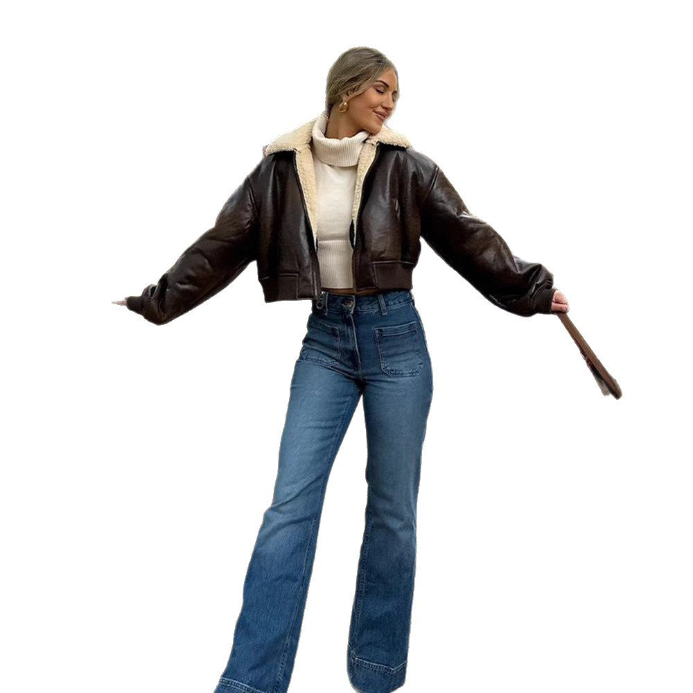Damen Kurz geschnittene Fliegerjacke mit Teddy-Futter und Oversized-Ärmeln Nord Taschen