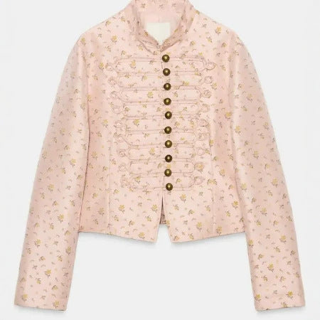 Damen Cropped Militärblouson mit Mandarinkragen, Zierkordeln und floraler Webstruktur Nord Taschen