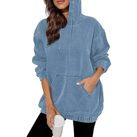 Damen Oversize Kapuzenpullover aus verwaschenem Jeansstoff mit Kängurutasche Nord Taschen