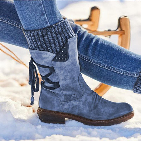 Damen Gefütterte knöchelhohe Winterstiefelette mit Strickmanschette und Zierschnürung Nord Taschen