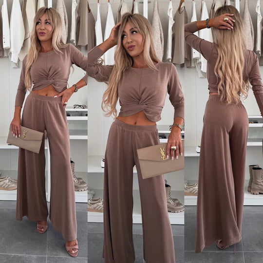 Damen figurnahes Twist-Cropped-Shirt mit weitem High-Waist Palazzo-Hose aus fließendem Jersey Nord Taschen