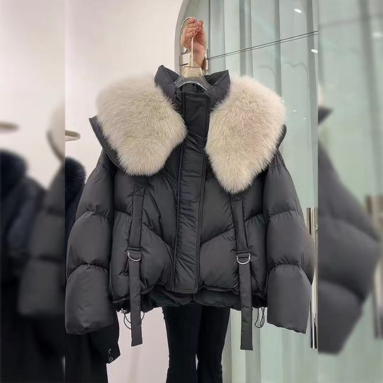 Damen nan kurze Thermo-Pufferjacke mit abnehmbarem Webpelzkragen, hochschließendem Stehkragen und Tunnelzugsaum Nord Taschen