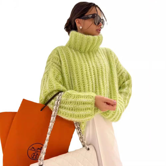 Damen Oversized Grobstrick-Rollkragenpullover mit voluminösen Ärmeln Nord Taschen