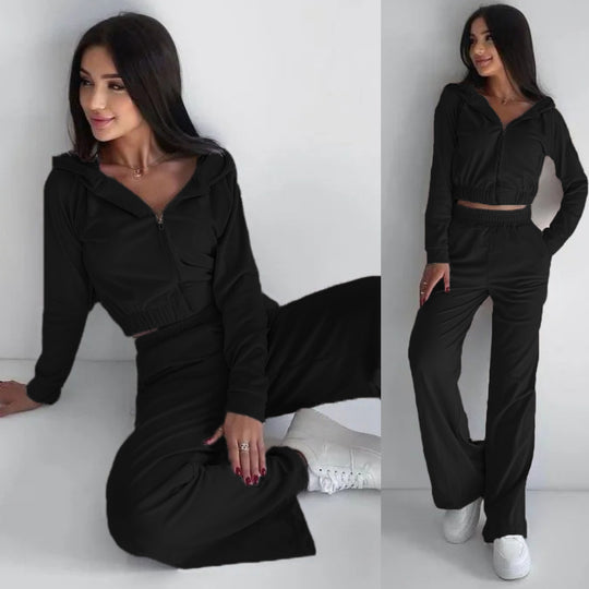 Damen Cropped Velours-Loungewear-Set mit Reißverschluss, Kapuze und High-Waist Jogpant Nord Taschen