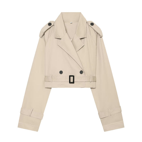 Damen Kurzblouson-Trench mit doppelreihiger Knopfleiste, Schulterpatten und Taillengürtel Nord Taschen