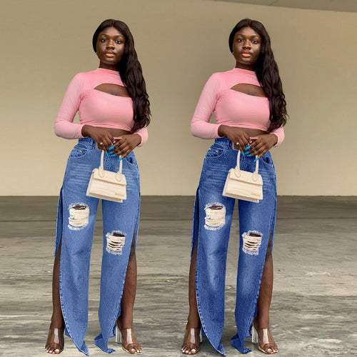 Damen geweitete Denim-Jeans mit hohen Seitenschlitzen und Destroyed-Kniepartie Nord Taschen