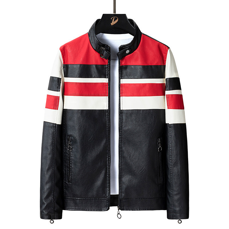 Herren Biker-Lederjacke im Racing-Look mit Kontraststreifen und Stehkragen Nord Taschen