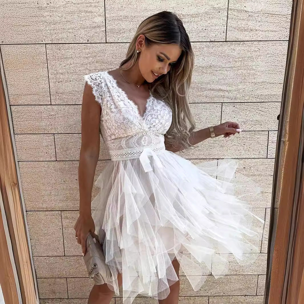 Süß Elegante Einfarbige Mesh V-Ausschnitt Ungleichmäßiges Kleid Kleider- 3 Farben