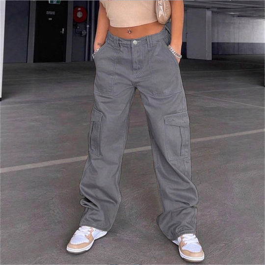 Damen weite Cargo-Hose mit hoher Taille, aufgesetzten Klappentaschen und legerer Baggy-Passform Nord Taschen